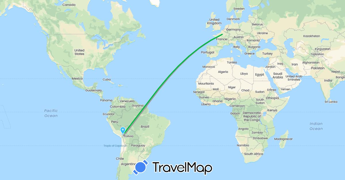TravelMap itinerary: bus, plane, boat in Bolivia, France (Europe, South America)